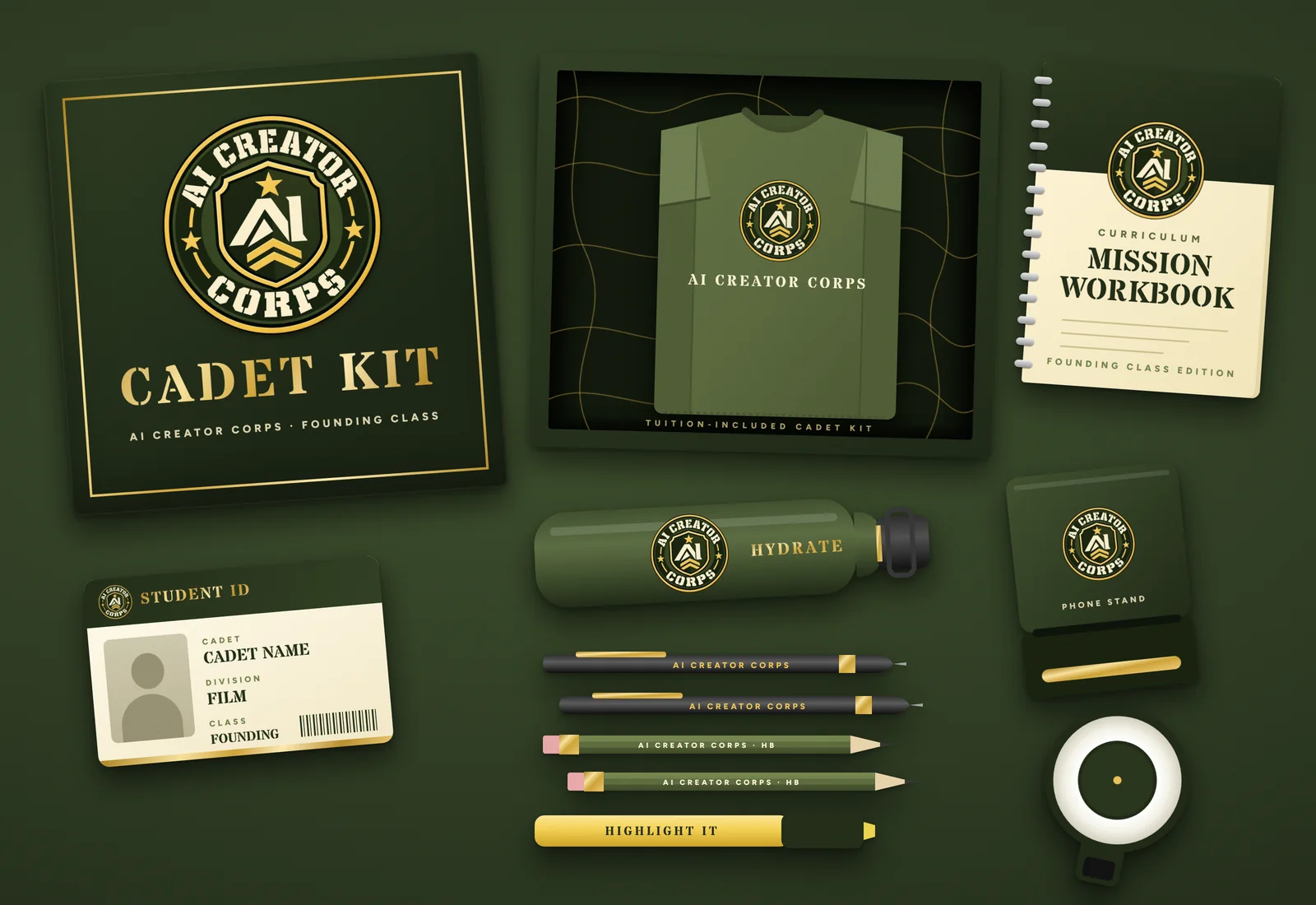 Illustrative flat-lay of the planned cadet kit: branded box and lid, academy shirt, mission workbook, student ID, water bottle, two pens, two pencils, highlighter, phone stand and clip-on phone light, each with the AI Creator Corps crest.