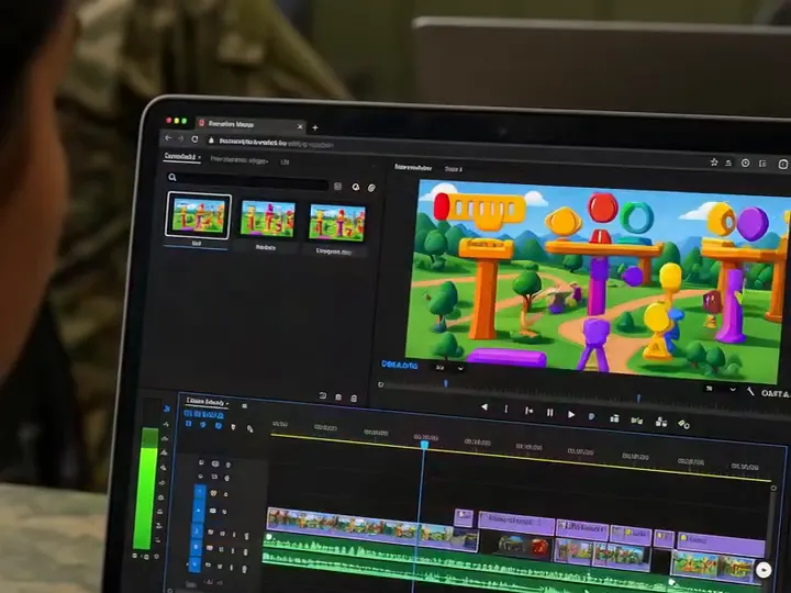 Hands at a laptop editing a colorful animated scene on a video timeline