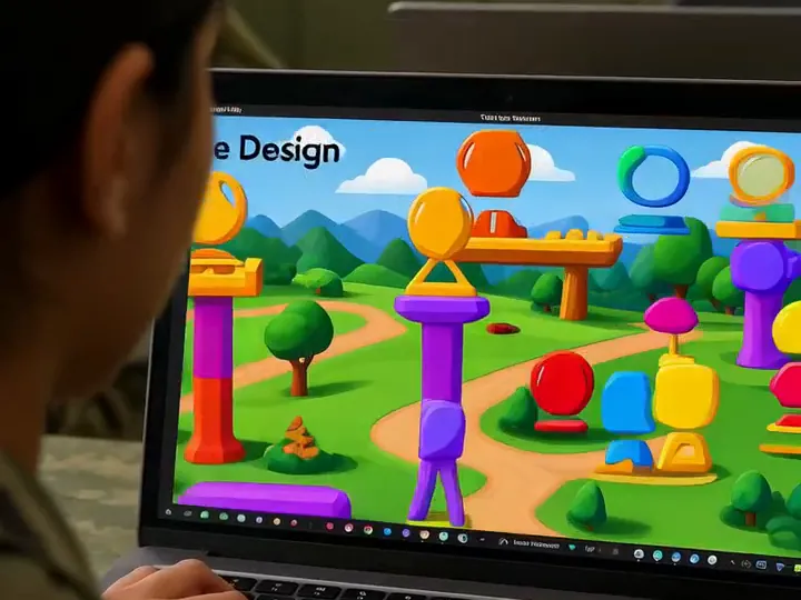 Laptop screen showing a bright cartoon game level with towers and characters