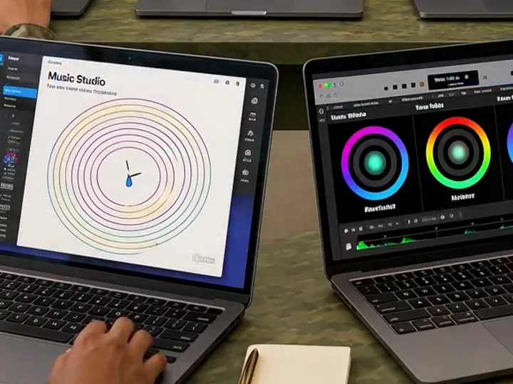 Two laptops showing a music studio app and a sound mixer
