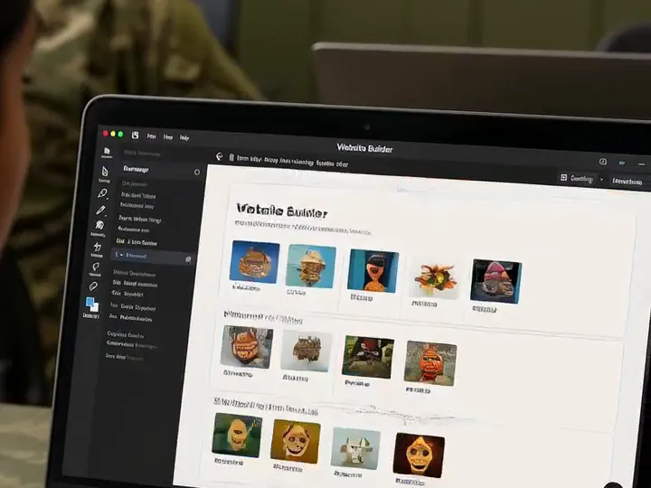 Hands at a laptop using a website builder with image cards