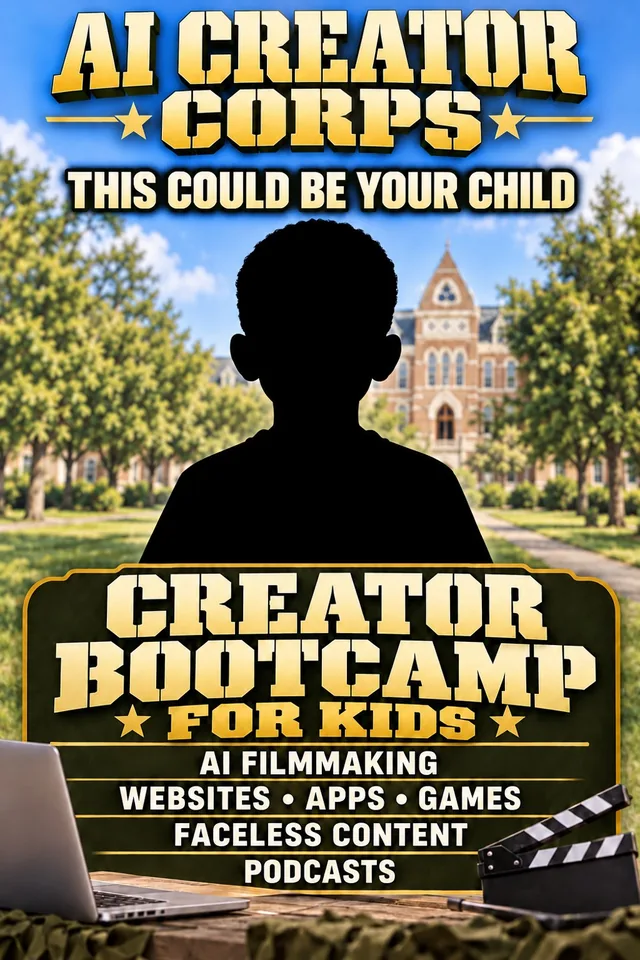 AI Creator Corps poster: a child's silhouette under the words This Could Be Your Child, above a sign reading Creator Bootcamp for Kids: AI filmmaking, websites, apps, games, faceless content, podcasts.